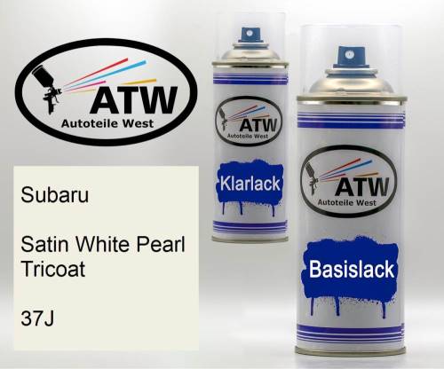 Subaru, Satin White Pearl Tricoat, 37J: 400ml Sprühdose + 400ml Klarlack - Set, von ATW Autoteile West.